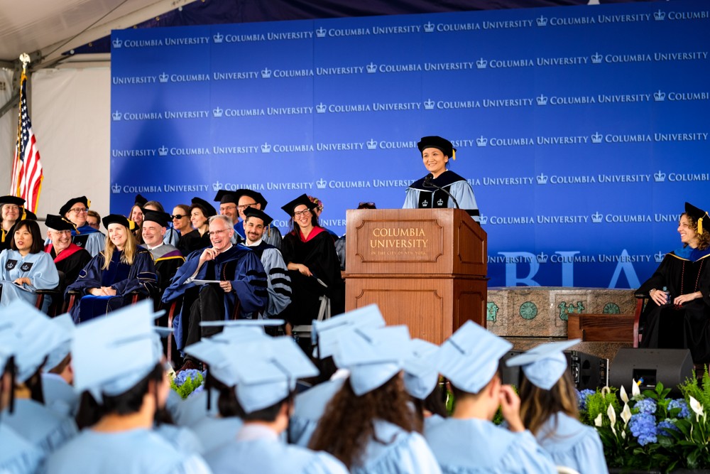 Tian Zheng (’00MA, ’02PhD, Statistics), Professor of Statistics, delivers the keynote address for MA graduates. Tian Zheng (’00MA, ’02PhD, Statistics), Professor of Statistics, delivers the keynote address for MA graduates.