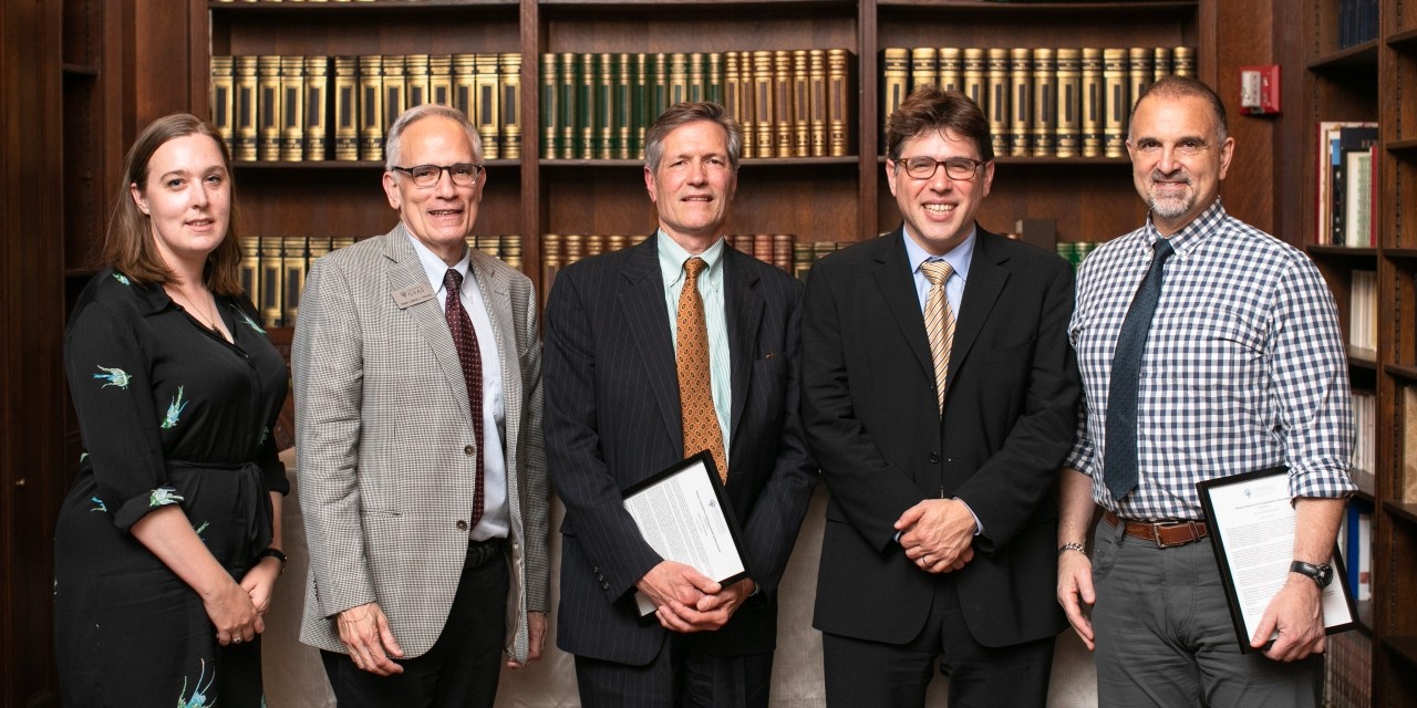 From left to right: Sarah Arkebauer ’19PhD; Dean Carlos Alonso; John Glusman ’78CC, ’80MA; Matthew Salganik ’07PhD; and George Yancopoulos ’86PhD. Sarah Arkebauer ’19PhD; Dean Carlos Alonso; John Glusman ’78CC, ’80MA; Matthew Salganik ’07PhD; and George Yancopoulos ’86PhD.