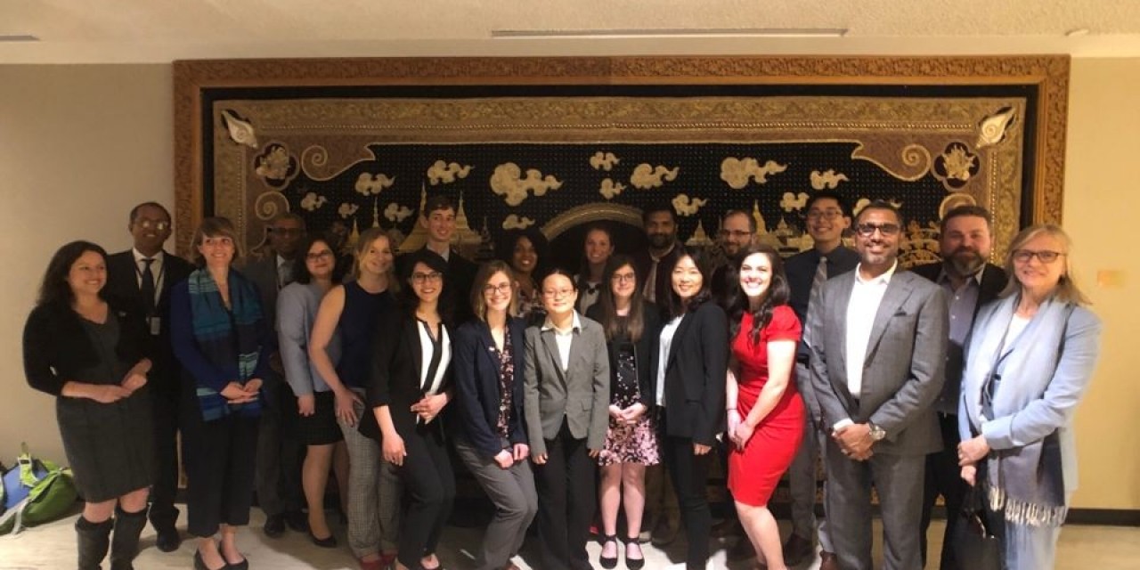 Finalists and judges at the Ivy 3MT competition, held at the United Nations, on April 25, 2019 Finalists and judges at the Ivy 3MT competition