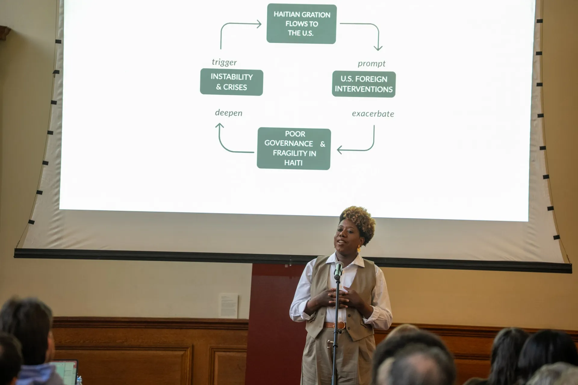 A woman standing in front of  a slideshow about Haitian migration to the U.S. 