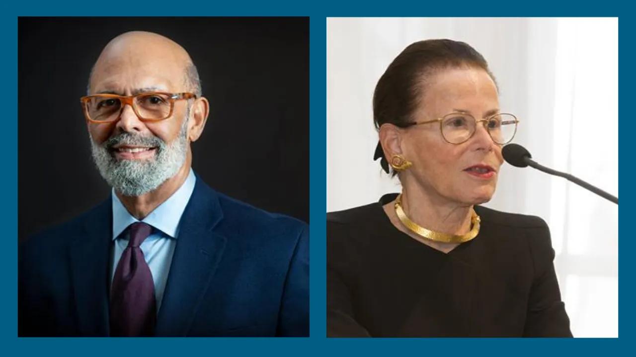 Two side by side head shots of Michael Lomax, a man with a beard and glasses dressed in a suit, and Harriet Zuckerman, a woman with glasses and brown hair speaking at a podium.